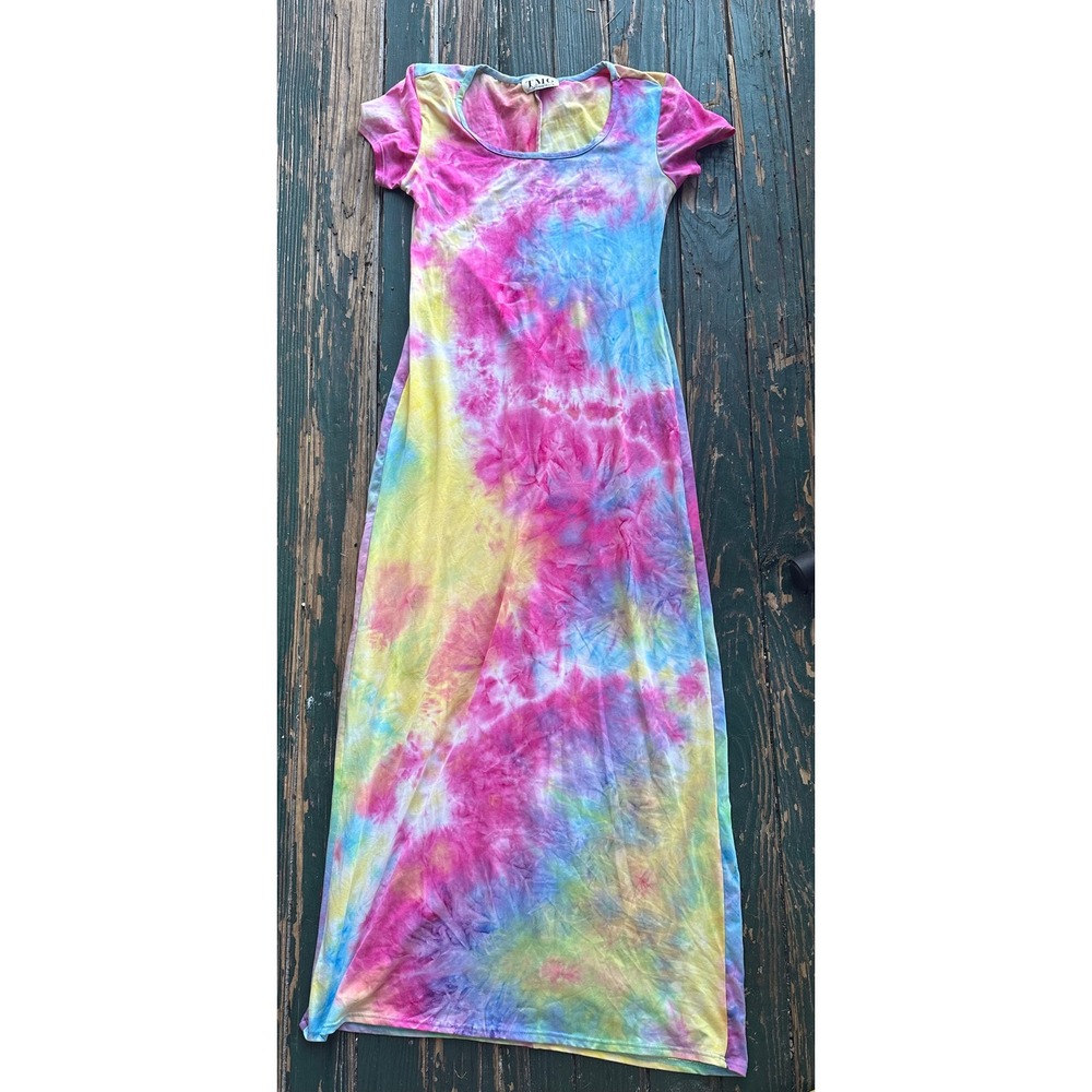 TMG New York Womens Tie Dye Maxi Dress Pink Blue Yellow Short Sleeve USA Made